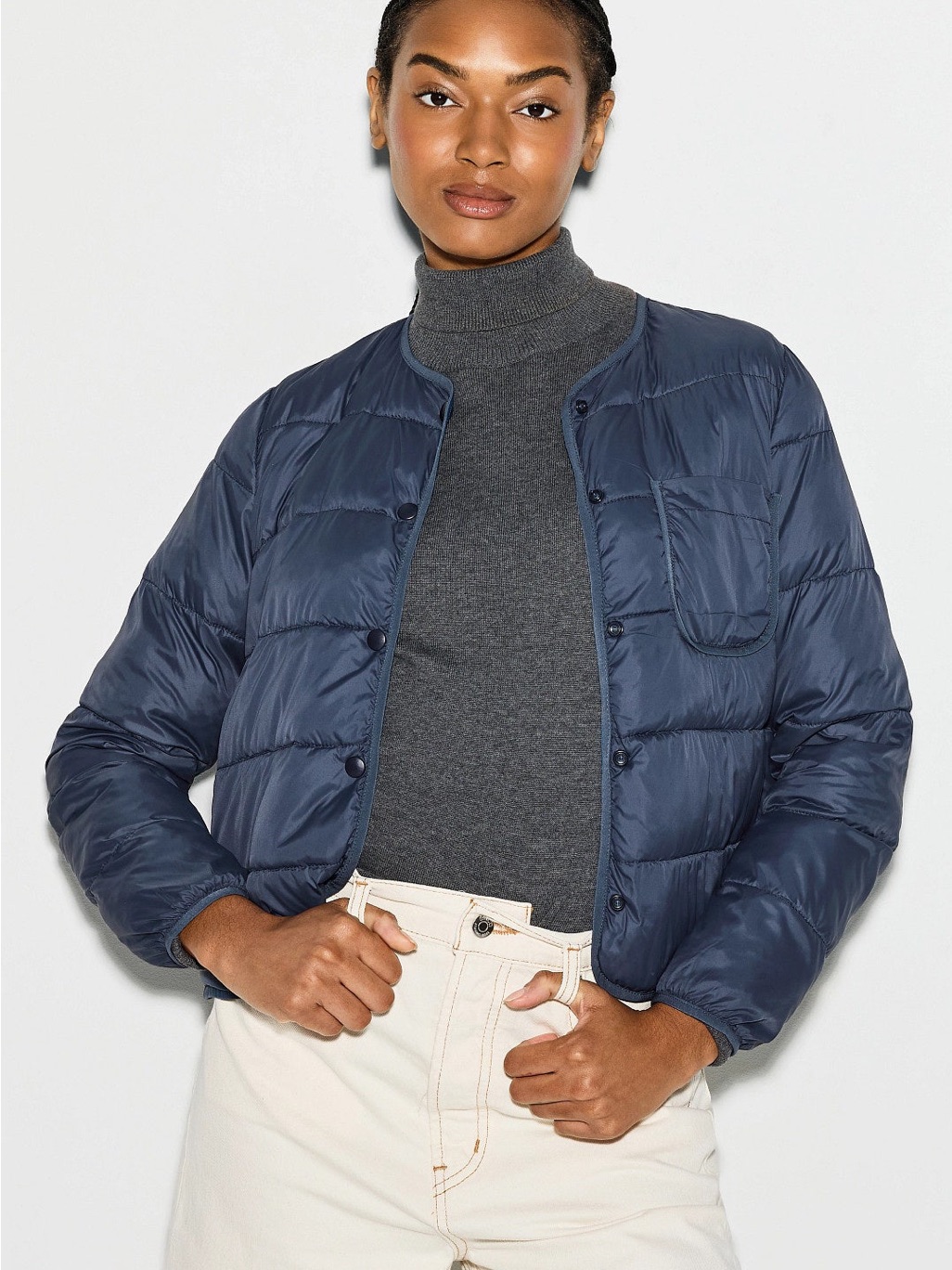 Ann Mashburn Navy Quilted Collarless Puffer Jacket